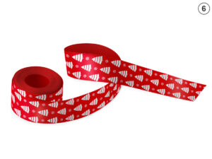 Red double-sided sublimation Christmas ribbon with a white pattern of trees and snowflakes (Design 6). For corporate and promotional packaging. Manufacturer AMGS Group.