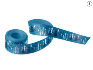 xxx. B2B Christmas Satin Ribbons. Double-sided sublimation blue satin ribbon with a winter pattern of trees and snowflakes (Design 1). Ideal for B2B holiday gifts. Manufacturer AMGS Group.