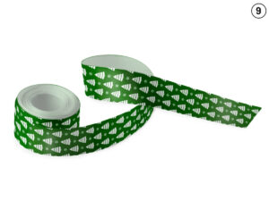 Forest green satin ribbon with a dense white pattern of trees and snowflakes (Design 9). Perfect for branding in B2B holiday packaging. Manufacturer AMGS Group.