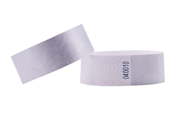 Silver metallic Tyvek wristband, 25mm. Elegant VIP identification suitable for screen printing. Manufacturer AMGS Group.