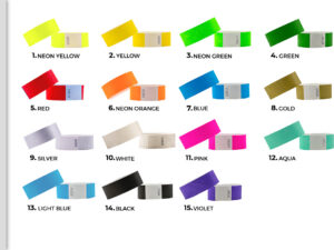 Color chart for 25mm Tyvek wristbands shown on rolls. Full palette of 15 colors for wide event bands. Manufacturer AMGS Group.