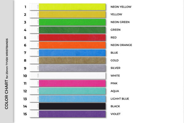 Color chart for 25mm Tyvek wristbands displayed as strips. Overview of available shades with numbering. Manufacturer AMGS Group.